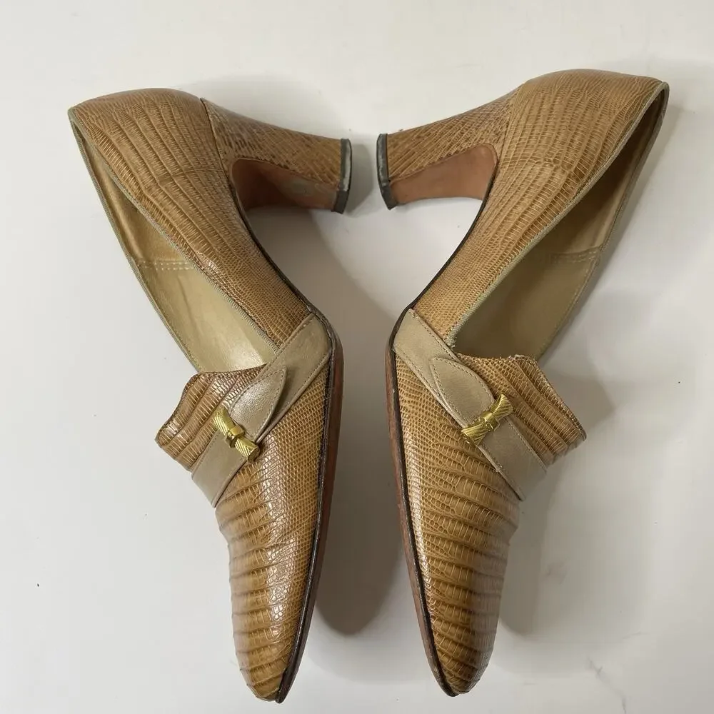 Agnes Sorel Size 6.5 Vintage Genuine Lizard High‎ Heels 90's Handmade Tan Brown